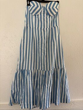 Aqua Blue and White Striped Strapless Tiered Maxi Dress
